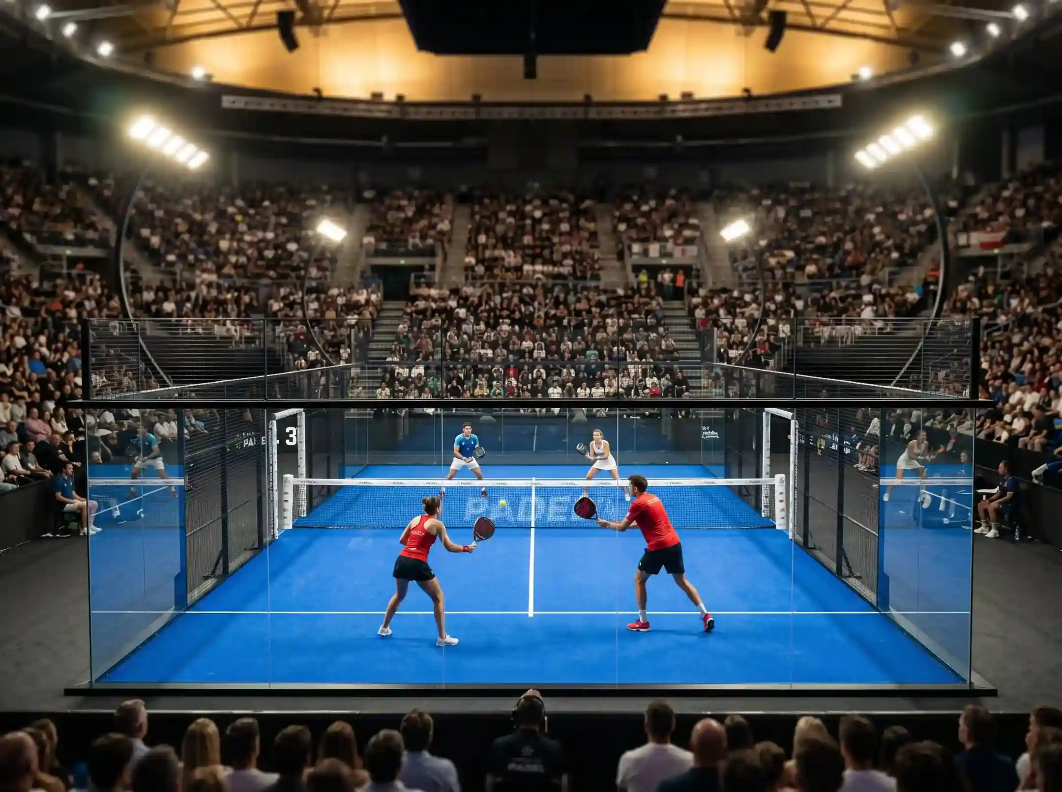 Estadio central del circuito Premier Padel durante un Major con pista de cristal y gradas llenas